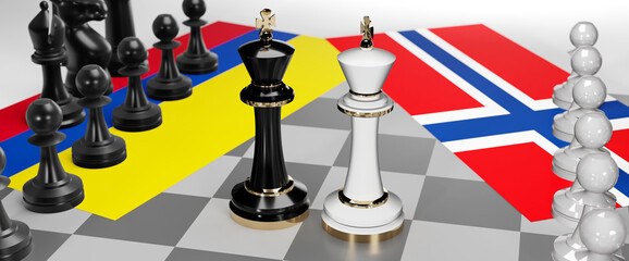 Colombia and Norway - talks, debate, dialog or a confrontation between those two countries shown as two chess kings with flags that symbolize art of meetings and negotiations, 3d illustration