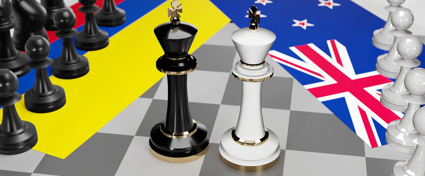 Colombia and New Zealand - talks, debate, dialog or a confrontation between those two countries shown as two chess kings with flags that symbolize art of meetings and negotiations, 3d illustration