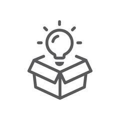 Open box with lightbulb black vector icon. Idea, innovation light bulb symbol.