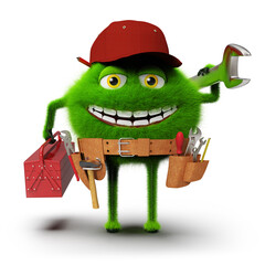 Grünes flauschiges Monster als Handwerker mit Werkzeugkasten, Schraubenschlüssel und Werkzeuggürtel, isoliert auf weißem Hintergrund 3D Rendering