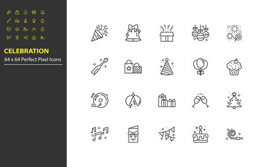 set of celebration line icons, party, new year