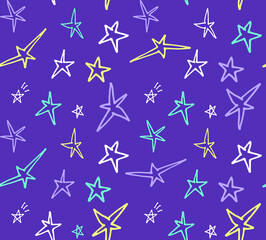 Seamless pattern hand-drawn colorful stars on a violet background. Line drawing style. Hand drawing wallpaper. Night background.