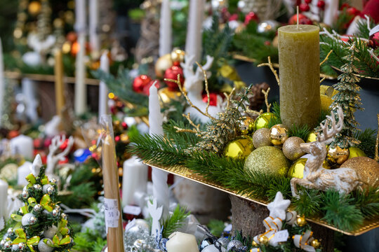 Colorful Christmas Decorations at Traditional Christmas Market.