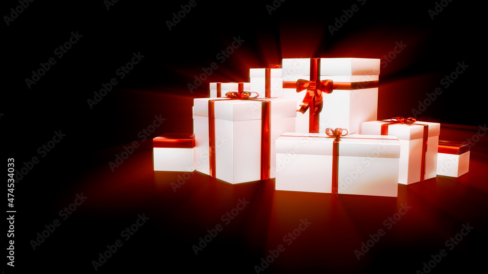 Poster lighting surprise gift boxes pile on dark backdrop - object 3d rendering