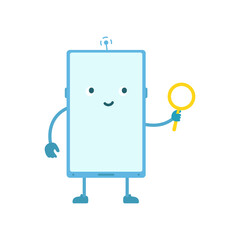 Phone character. Find with magnifier. Vector illustration.