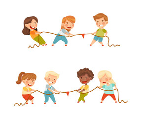 Cute boys and girls pulling rope set. Tug of war competition between children teams vector illustration