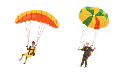 Skydivers flying with parachute set. Extreme sport and leisure activity vector illustration
