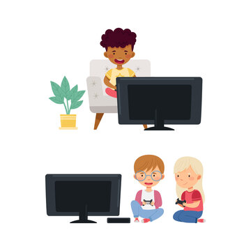 Kids playing video games set. Little boy and girl sitting at tv screen with gamepad controllers vector illustration