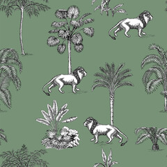Tropical ink drawn palm trees,  lion summer floral seamless pattern.Exotic toile jungle wallpaper.