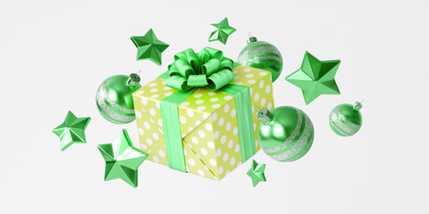 Bright New Years composition with Christmas decorations and a gift box with a bow. 3d illustration is done in green colors and glittery materials.