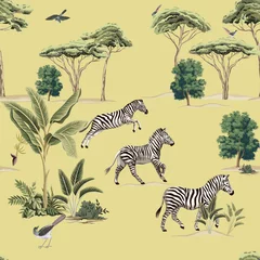 Tapeten African trees, banana trees, plants, birds, zebra animal seamless pattern yellow background. Exotic safari wallpaper. © good_mood