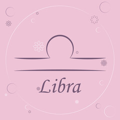 Libra simple zodiac balance symbol with text on pink background with flowers and circles
