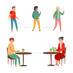 Social distance in public places set. People wearing mask to prevent spread of COVID-19 infection vector illustration