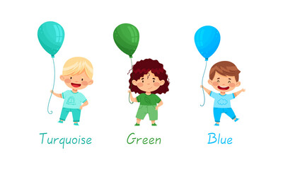 Cute kids holding balloons of different colors set. Boys and girl holding turquoise, green and blue balloon vector illustration