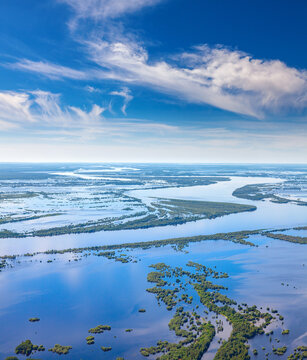 Great river in flood period, aerial view
