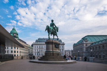 Vienna, Austria, October 2018 - view of Franz Joseph I statue and Vienna staatsoper 
