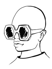 A young man with full lips. A man's face in fashionable sunglasses of unusual shape. A bald man. Black and white illustration