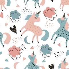 seamless pattern unicorn on white background, scandinavian style