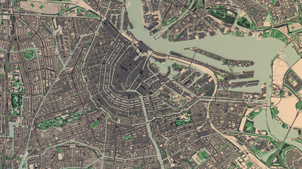Satellite view of Amsterdam the capital of the Netherlands. Map, channels and roads. Palaces and buildings. 3d rendering