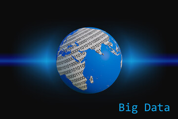 3d rendered illustration of stylized planet earth with big data text and binary numbers as texture on the continents.