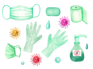 Set of cleaning products. Medical set painted by watercolor