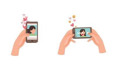 Hands holding smartphone with girlfriend on screen set. Video call with loved one vector illustration
