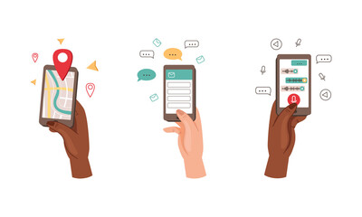 Hands holding smartphones set. People chatting, texting and using city map gps navigation on smartphone vector illustration