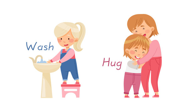 Wash and Hug English action verbs for kids education set. Children doing daily routine activities vector illustration