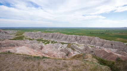 Homestead Overlook in Badland national park during summer. From grassland to valley. Badland landscape South Dakota.