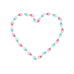Heart frame with pink and turquoise crystals on white background in cartoon style. Cute watercolor illustration with jewels