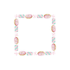 Square frame with donuts, marshmallows and flowers on a white background. Cute watercolor illustration
