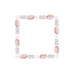Square frame with donuts, marshmallows and flowers on a white background. Cute watercolor illustration