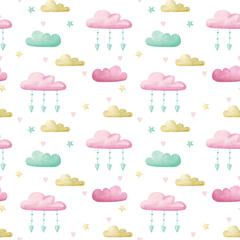 Cute watercolor pattern with clouds, hearts, stars for nursery. Seamless pattern in cartoon style