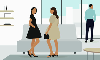 Male character and two female characters in elegant clothes in a room