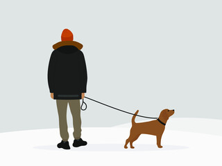 Male character in a jacket and a hat walking with a dog on a leash in winter
