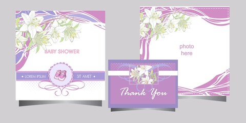 Postcard Baby shower card with lily flowers and girls slippers, 