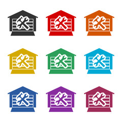 Garage door repair icon isolated on white background, color set