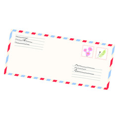 Vector cartoon illustration of a paper envelope with airmail stripes and stamps. The concept of the postal service. Isolated design on a white background.