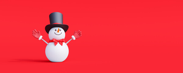 Snowman cute 3d character on red background. Merry Christmas and Happy new year concept 3d render 3d illustration