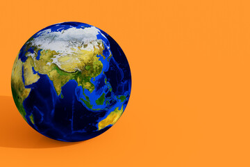 High resolution 3d earth image on an orange background.