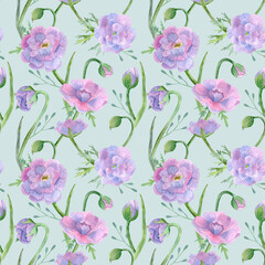 Watercolor seamless floral pattern with violet and pink wildflowers and herbs on light green, mint background. Hand drawn repeated background with geranium for prints, textile, and packaging.
