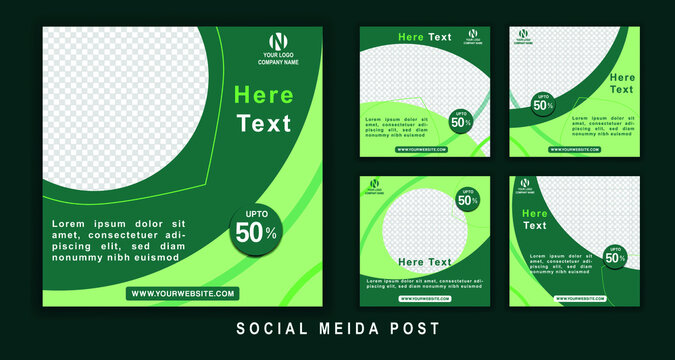 Set of editable square flyer template. Green background color with curved line shape. Suitable for social media posts and internet ads. Vector illustration with photographic college