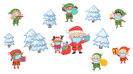 Winter Christmas Holiday Season Crayon Drawing and Doodling Elements. Santa, Elk, and Elves with Gift. Snow and Trees.