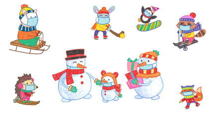 Winter Christmas Holiday Season Crayon Drawing and Doodling Elements. Snowman Family Playing with Animals