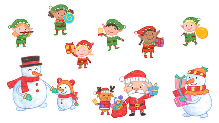 Winter Christmas Holiday Season Crayon Drawing and Doodling Elements. Snowman Family, Santa, Elk, and Elves with Gift.