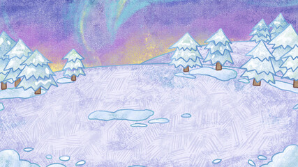 Winter Holiday Season Crayon Drawing and Doodling Background. Cartoon Template for Backdrop, Animation, Kids TV Show.