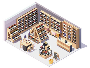 Vector isometric supermarket or grocery store wine department interior with furniture and equipment. Wine bottles on displays, shelves and gondolas, checkout counter with cash registers, baskets
