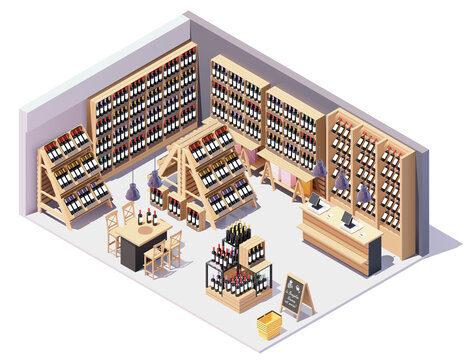 Vector isometric supermarket or grocery store wine department interior with furniture and equipment. Wine bottles on displays, shelves and gondolas, checkout counter with cash registers, baskets