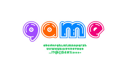 Multi colored modern alphabet, original rounded font from game style,, trendy letters from A to Z and numbers from 0 to 9
