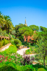 Obraz premium Old beautiful public park Guell in Barcelona, Catalonia, Spain. Cityscape of Barcelona